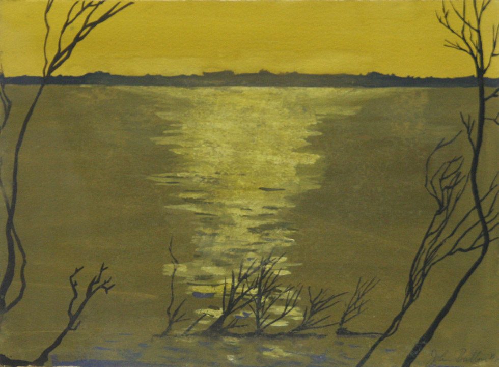 This is a painting of a body of water and a yellow sky.