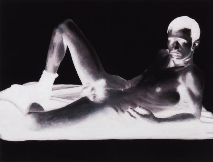 A black and white drawing of a reclining nude man.