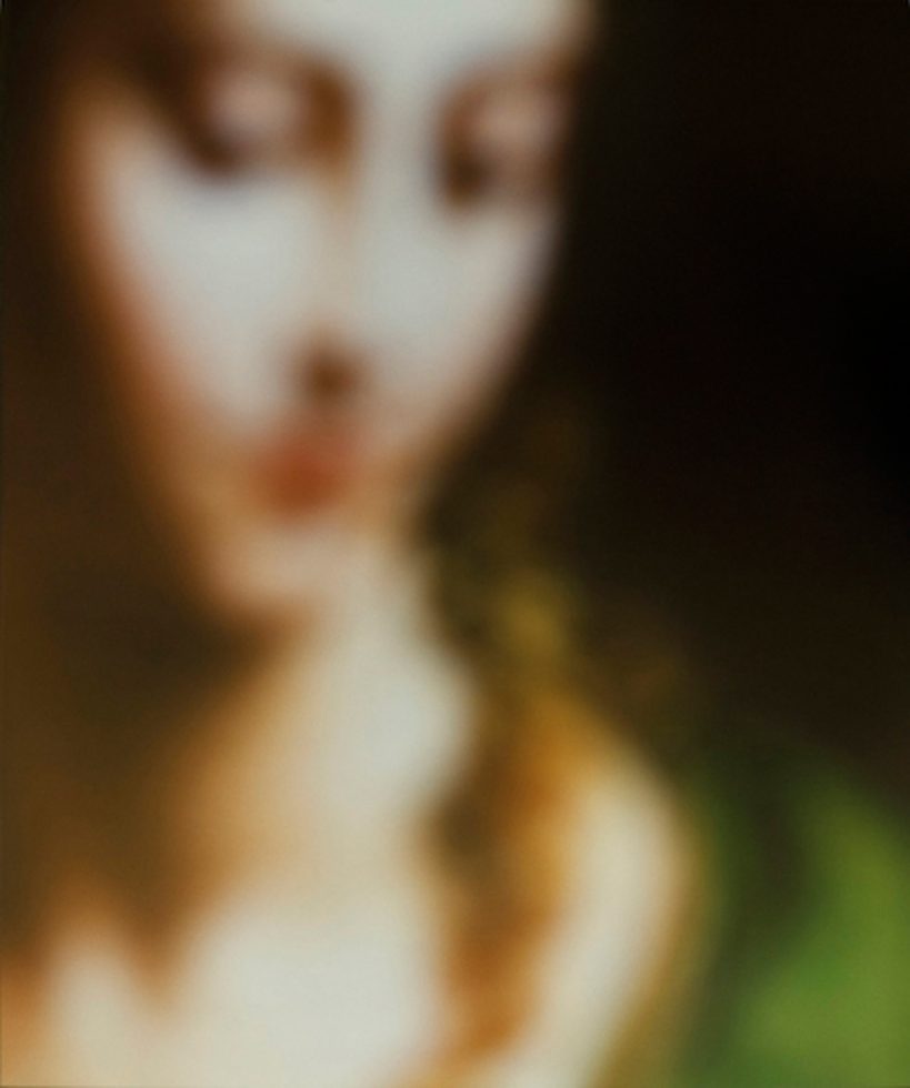 A blurred image of a renaissance painting of a beautiful woman with brown hair.