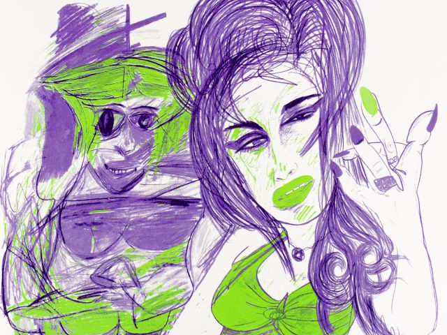 A stylized drawing in purple and acid green of to figures.