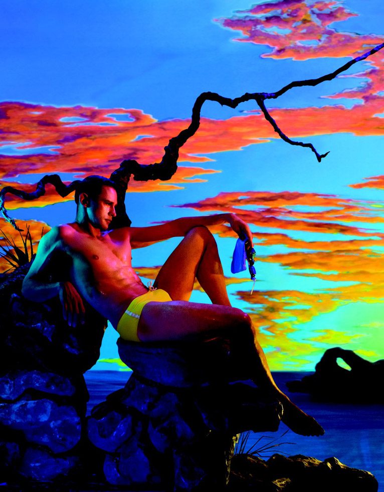 A photograph by James Bidgood of a man in a yellow speedo by a tree branch against a multicolored sunset