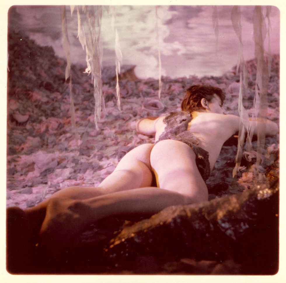 A vintage photograph by James Bidgood with light pink tones of a boy lying beneath a willow tree