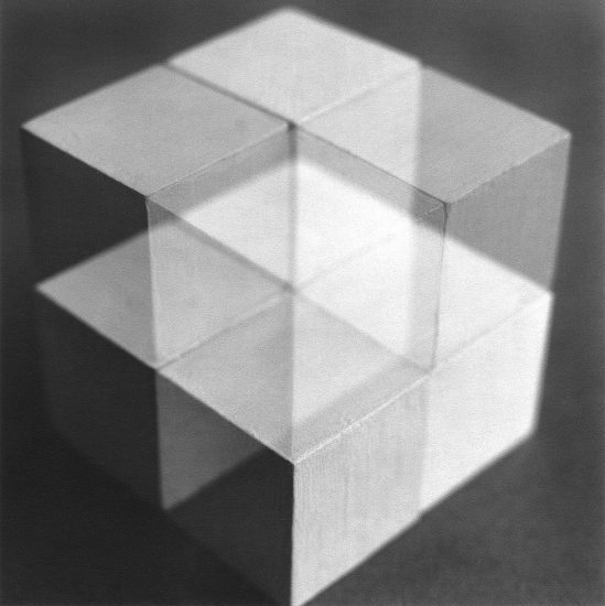 This is a black-and-white multiple-exposure photograph of white-painted wood cubes.