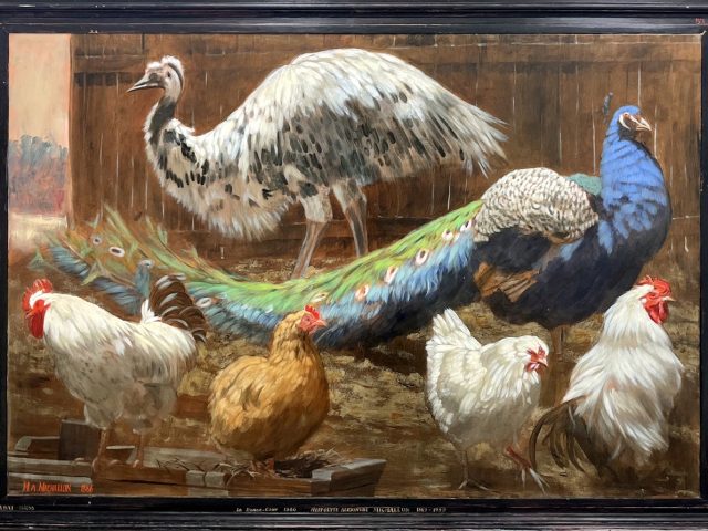 a painting of various chickens, a peacock, and a large grey bird.