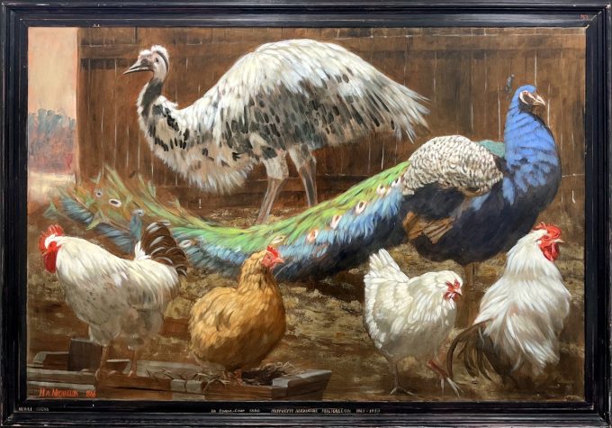 a painting of various chickens, a peacock, and a large grey bird.