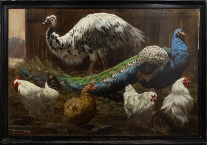 a painting of various chickens, a peacock, and a large grey bird.
