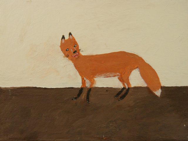 This is a painting of a smiling red fox on brown ground.