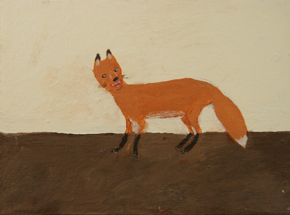 This is a painting of a smiling red fox on brown ground.