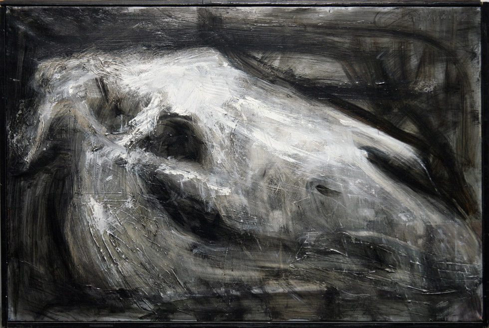 A painting of an animal skull against a black background.