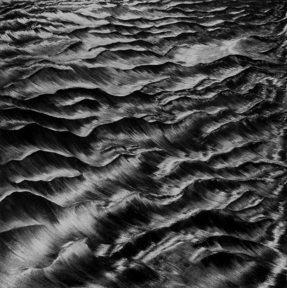 This is a black painting of the surface of a body of water with silver ripples and waves.