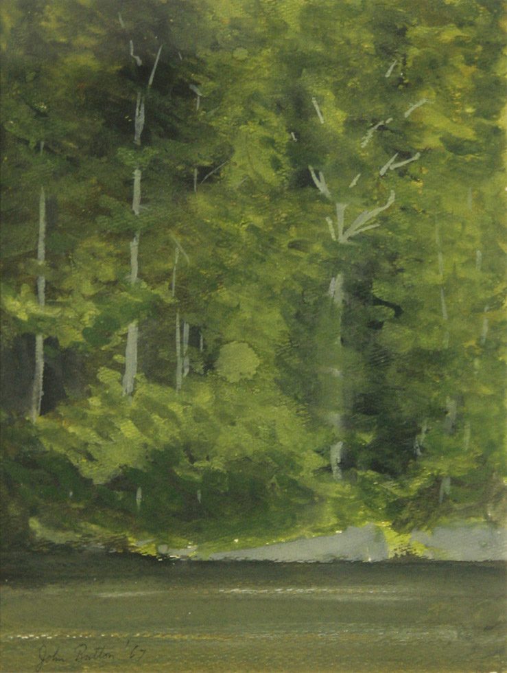 This is a painting of trees and water in green tones.