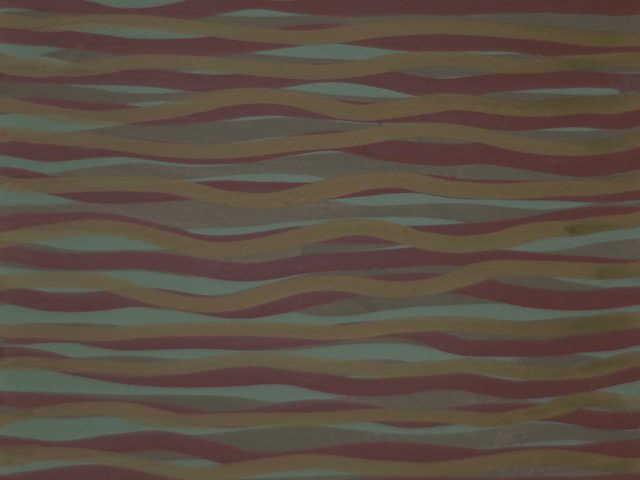 This is an abstract color print with wavy horizontal lines in green, brown, and burgundy.