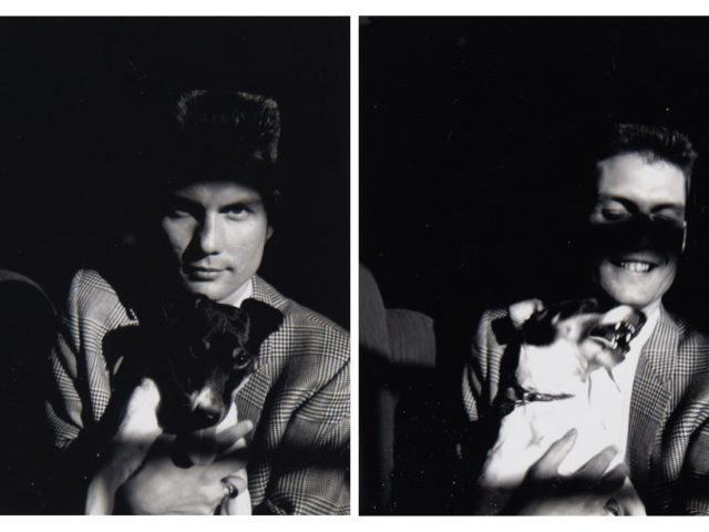 Click for sizes / editions / prices. A pair of black and white polaroids of a man holding a little doggie.