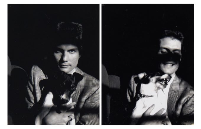 A pair of black and white polaroids of a man holding a little doggie.