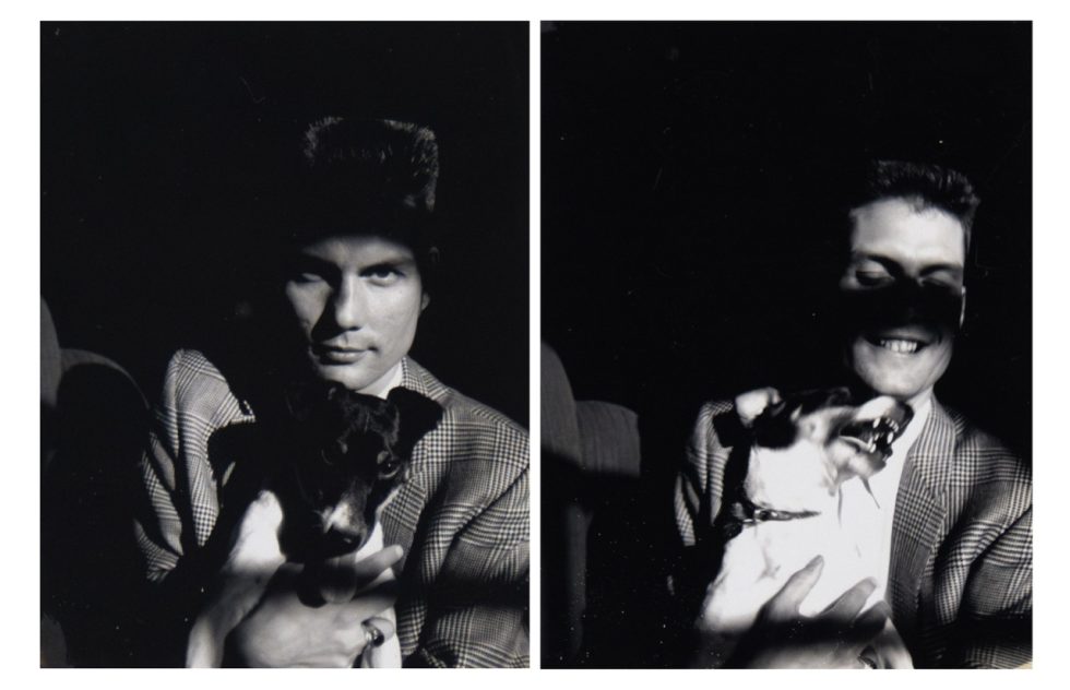 A pair of black and white polaroids of a man holding a little doggie.