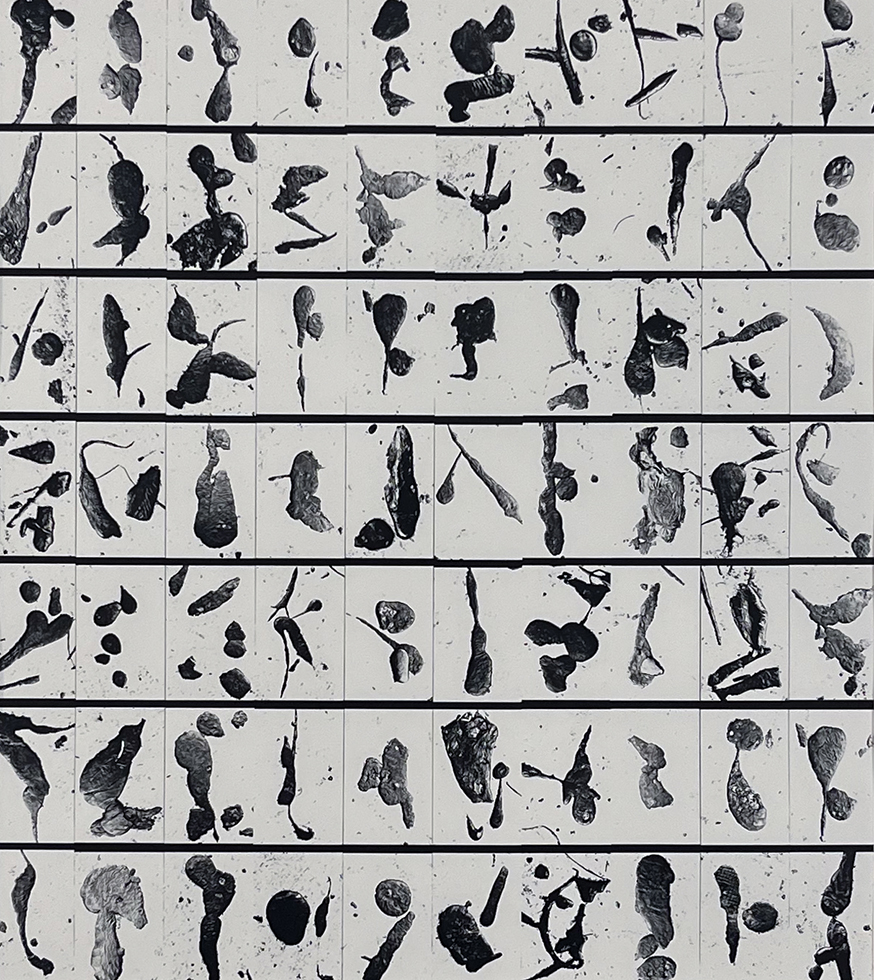 A black-and-white photograph of black tar smudges in a grid formation on a white background.