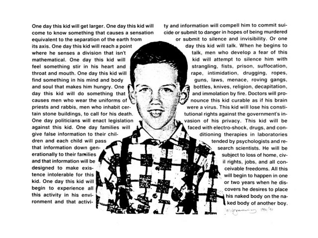This is a black-and-white image of a boy set against a block of text.