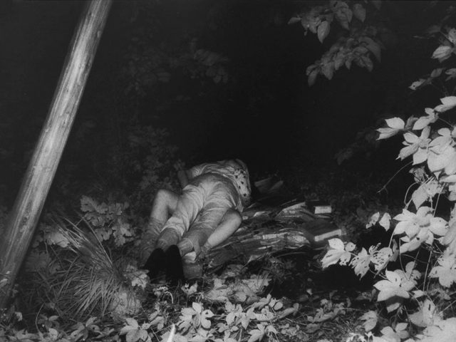 This is a black-and-white photograph of an embracing couple in a park at night with the man on top of the other person with their drawers pulled down around their ankles.