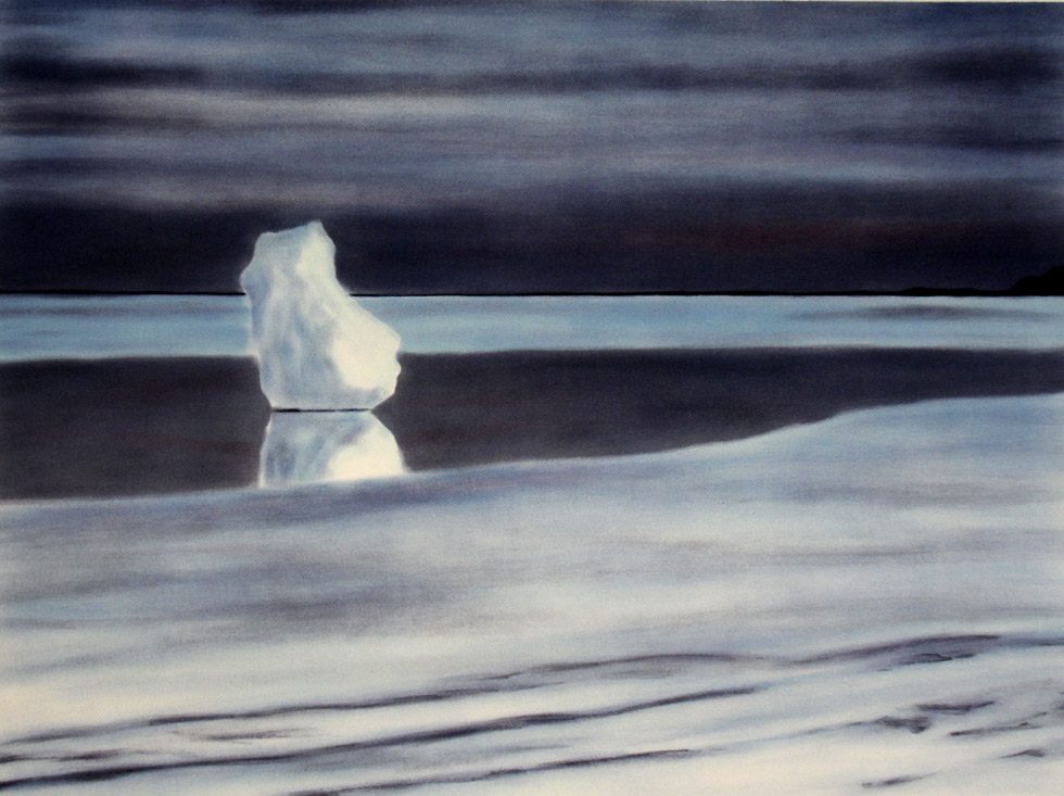 This is a color print depicting an iceberg floating in water by a snowy shore.