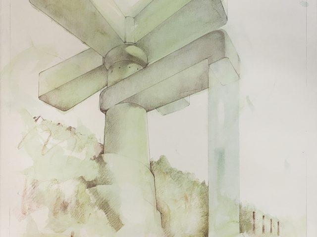 A light green drawing/rendering of a structure built into a hillside.