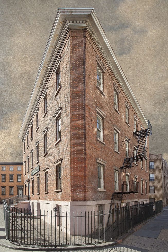 A photograph of the corner of the Northern Dispensary building in New York’s Greenwich Village