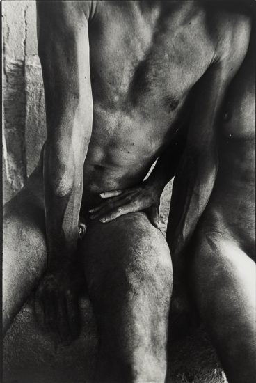A black-and-white photograph of a male and female nude model seen close up from the knees to the neck.