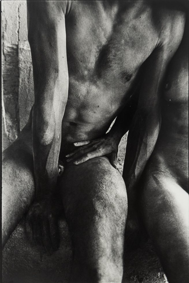 A black-and-white photograph of a male and female nude model seen close up from the knees to the neck.