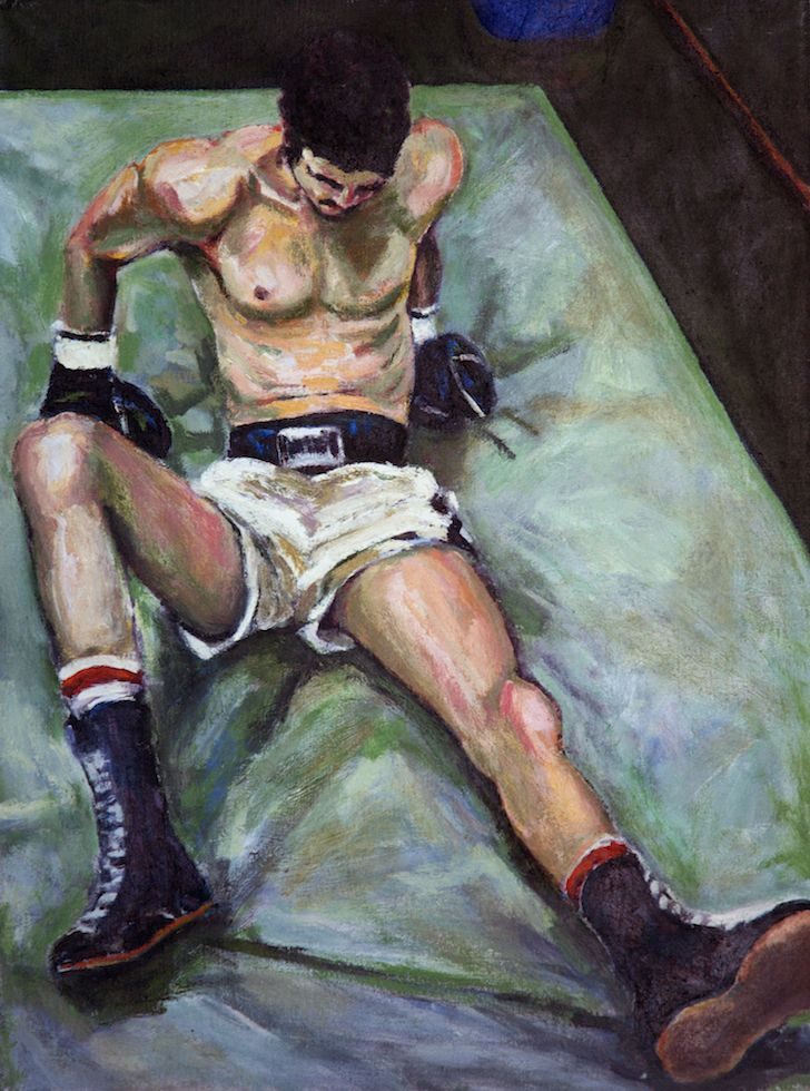 This is a painting of a shirtless boxer in white trunks sitting in the ring.