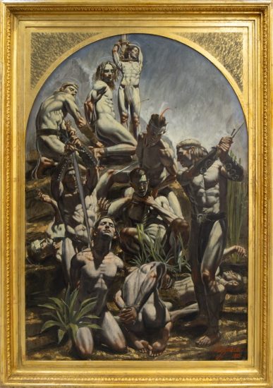 A gold leafed frame depicting a crowd of shirtless men in a classical composition.