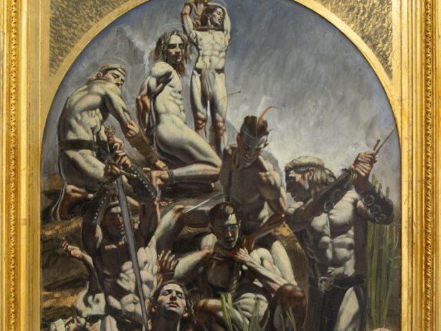 A gold leafed frame depicting a crowd of shirtless men in a classical composition.