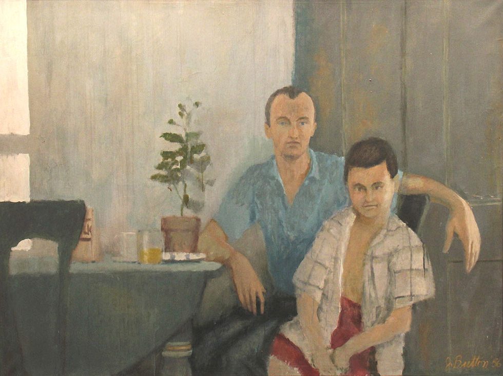 This is a painting of a man in a blue shirt with a boy in red shorts on his lap next to a houseplant on a kitchen table.