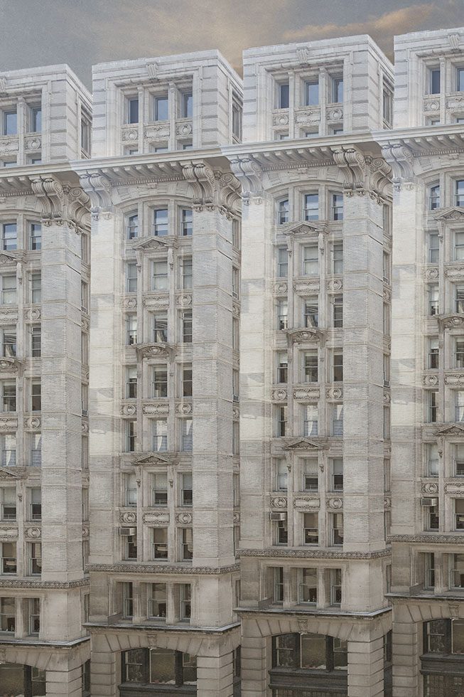 A digitally altered photograph of a row of White Buildings in New York City