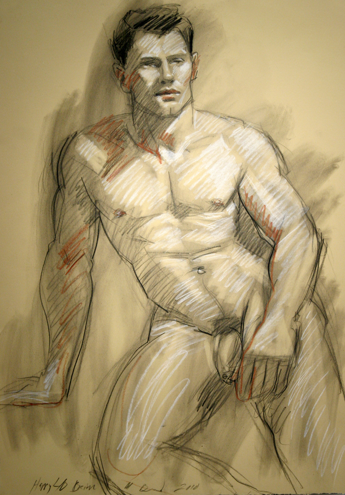 This is a drawing on buff paper of a nude male model leaning on his left arm.