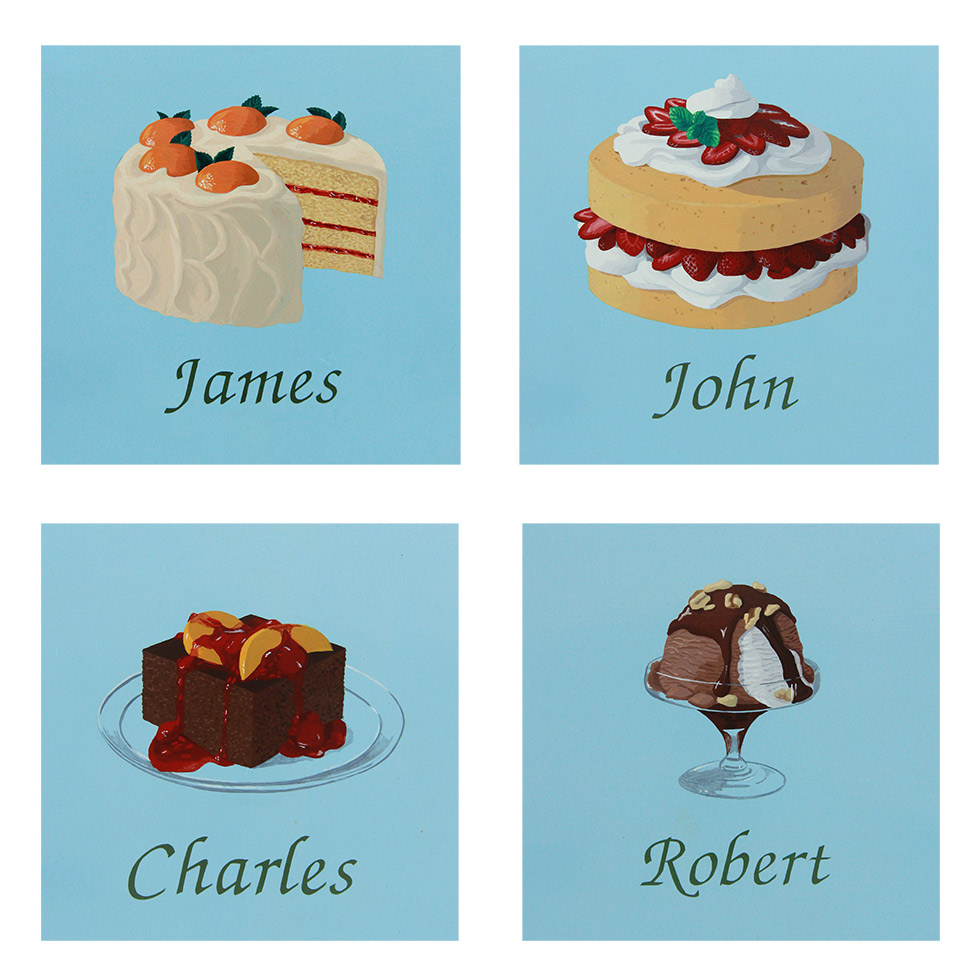 These are four paintings of desserts on blue backgrounds with the names of men in fancy type underneath each.