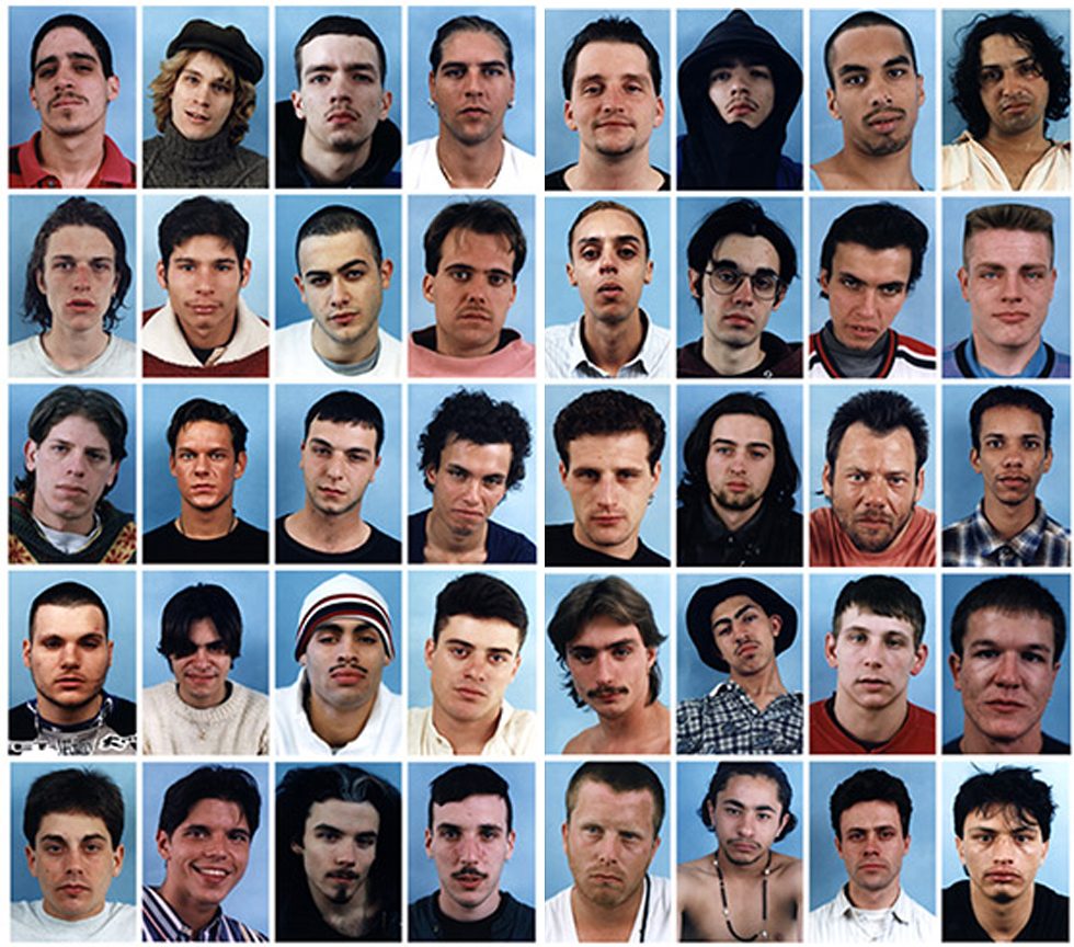 A grid of color photos of the heads of individual young men against a sky blue backdrop.