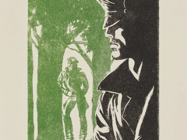 A print in green and black inks of a leather man cruising another in a wooded setting.