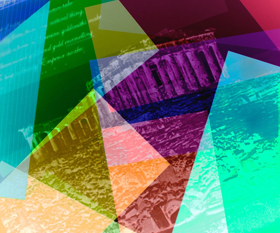 A dynamic, multicolored collage of images and text.