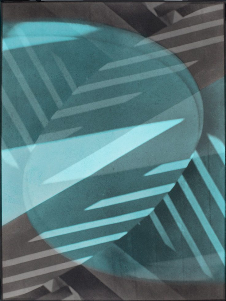 An abstract photographic composition with teal and grey.