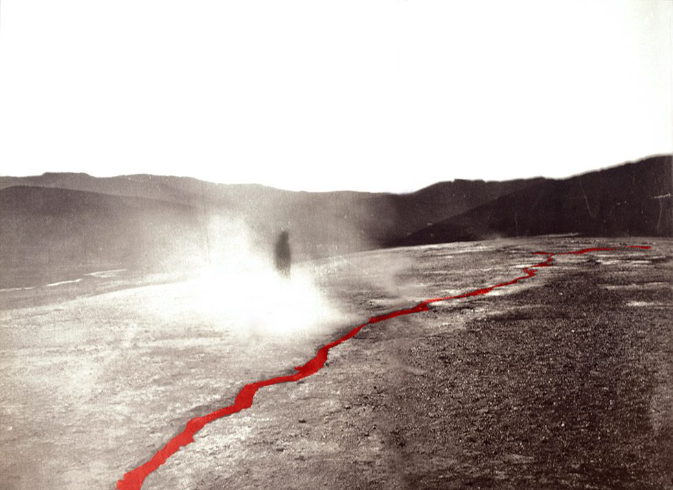 A black and white landscape with a red river running through it.