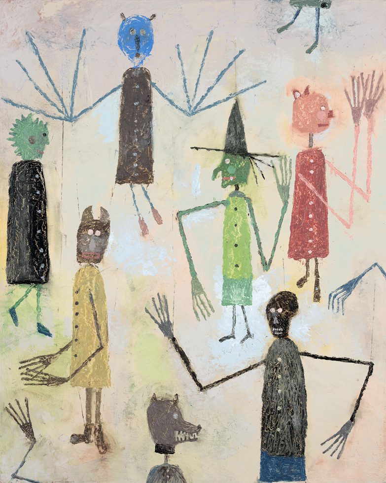 This is a painting with many creepy creatures with long, thin arms.