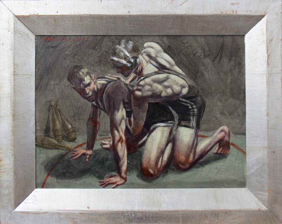 This is a painting depicting two male wrestlers on the mat displayed in a silver frame.