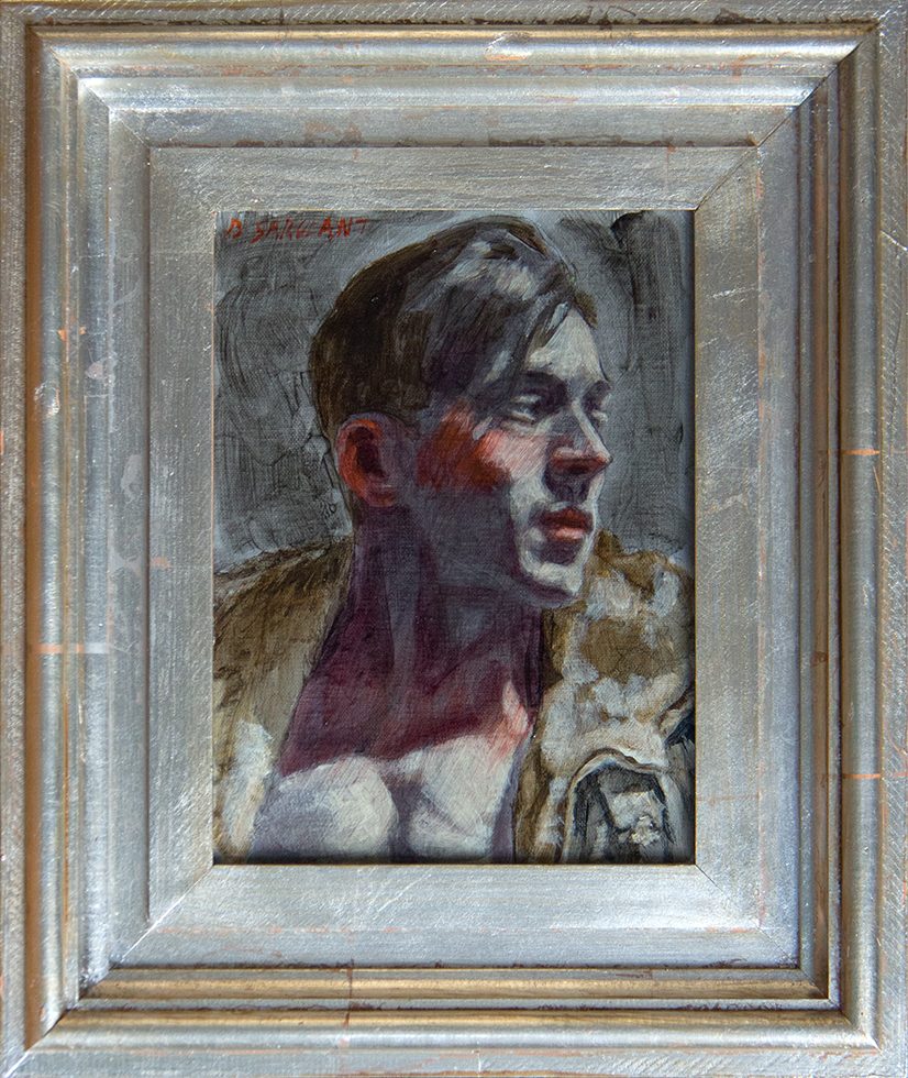 This is portrait bust painting of a man in a jacket looking to the side displayed in a silver frame.