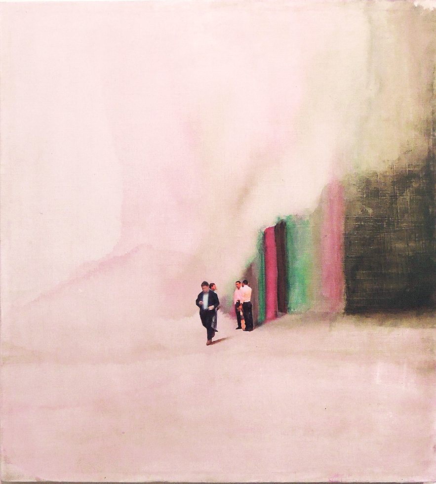 This is an artwork with four small businessmen in the center of the frame with a vast pink field around them.