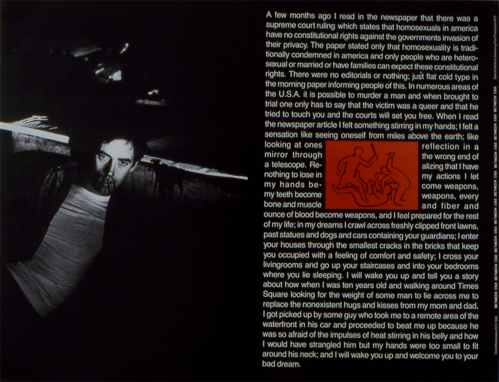 This is a color image of a poster with a picture of a man in black-and-white on the left and text with a red panel in the center on the right.