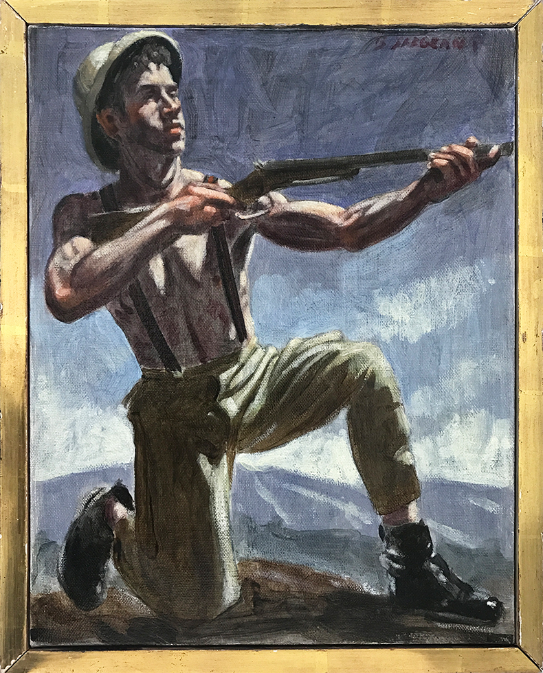 A painting displayed in a gold frame depicting a shirtless man shooting a rifle.