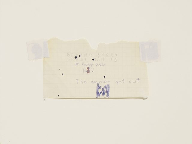 An artwork with elements of collage with tape and drawings picturing a man's backside and a woman blowing her nose.