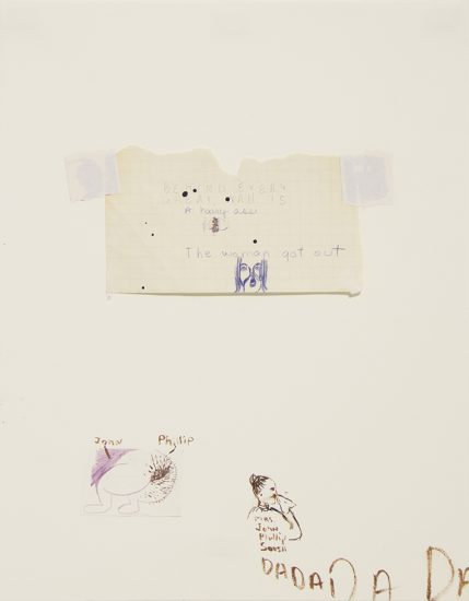 Click for sizes / editions / prices. An artwork with elements of collage with tape and drawings picturing a man's backside and a woman blowing her nose.
