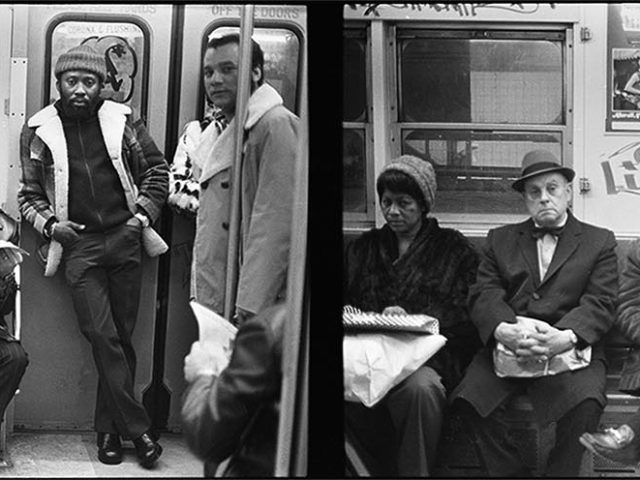 Click for sizes / editions / prices. This is a black and white diptych of passengers sitting inside a a New York City subway car in the 1970s.
