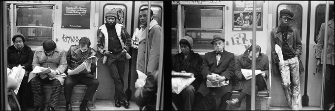 Click for sizes / editions / prices. This is a black and white diptych of passengers sitting inside a a New York City subway car in the 1970s.