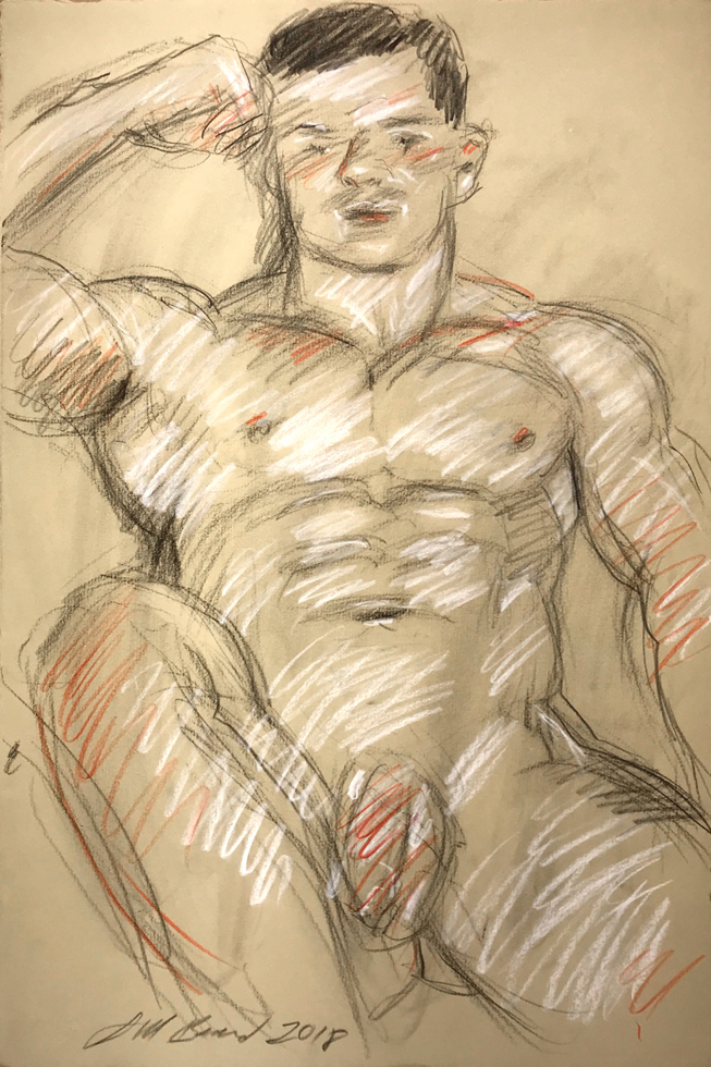 This is a drawing made with charcoal and red and white conté crayon on buff paper picturing a naked man reclining with his head resting on his fist.